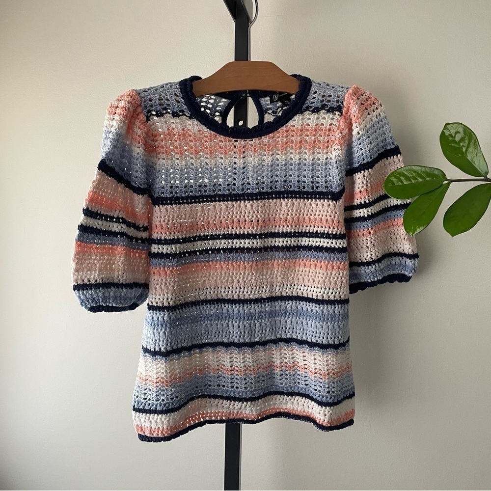 INC Crochet Knit Short Sleeve Sweater Striped Blue White Peach Petite Large